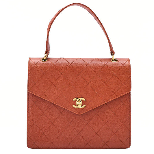 CHANEL Caviar Skin Turn Lock Handbag Orange Gold-Tone Hardware, Pre-Owned