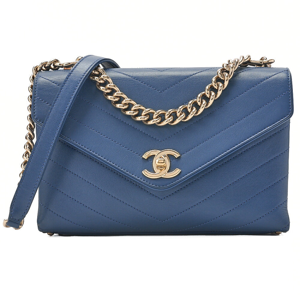 CHANEL Calfskin V-Stitch Turn Lock 2-Way Chain Shoulder Navy Gold-Tone Hardware, Pre-Owned