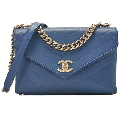 CHANEL Calfskin V-Stitch Turn Lock 2-Way Chain Shoulder Navy Gold-Tone Hardware, Pre-Owned