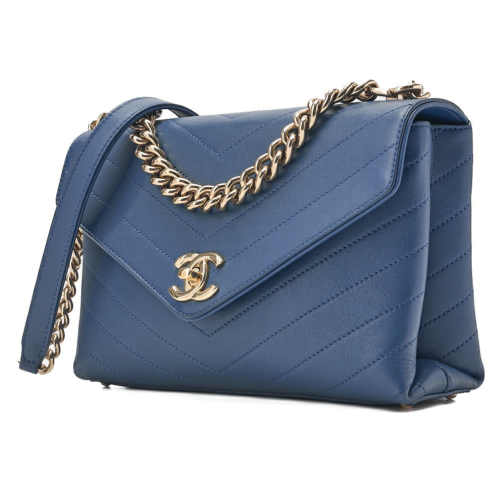 CHANEL Calfskin V-Stitch Turn Lock 2-Way Chain Shoulder Navy Gold-Tone Hardware, Pre-Owned