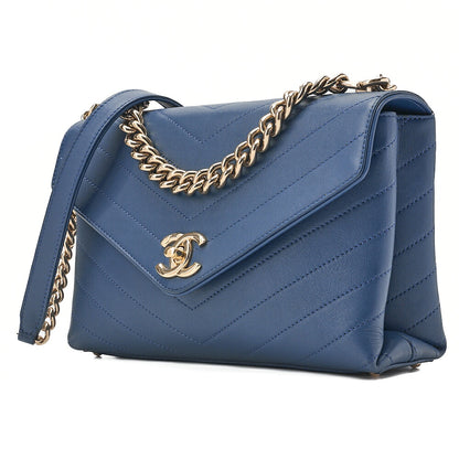 CHANEL Calfskin V-Stitch Turn Lock 2-Way Chain Shoulder Navy Gold-Tone Hardware, Pre-Owned