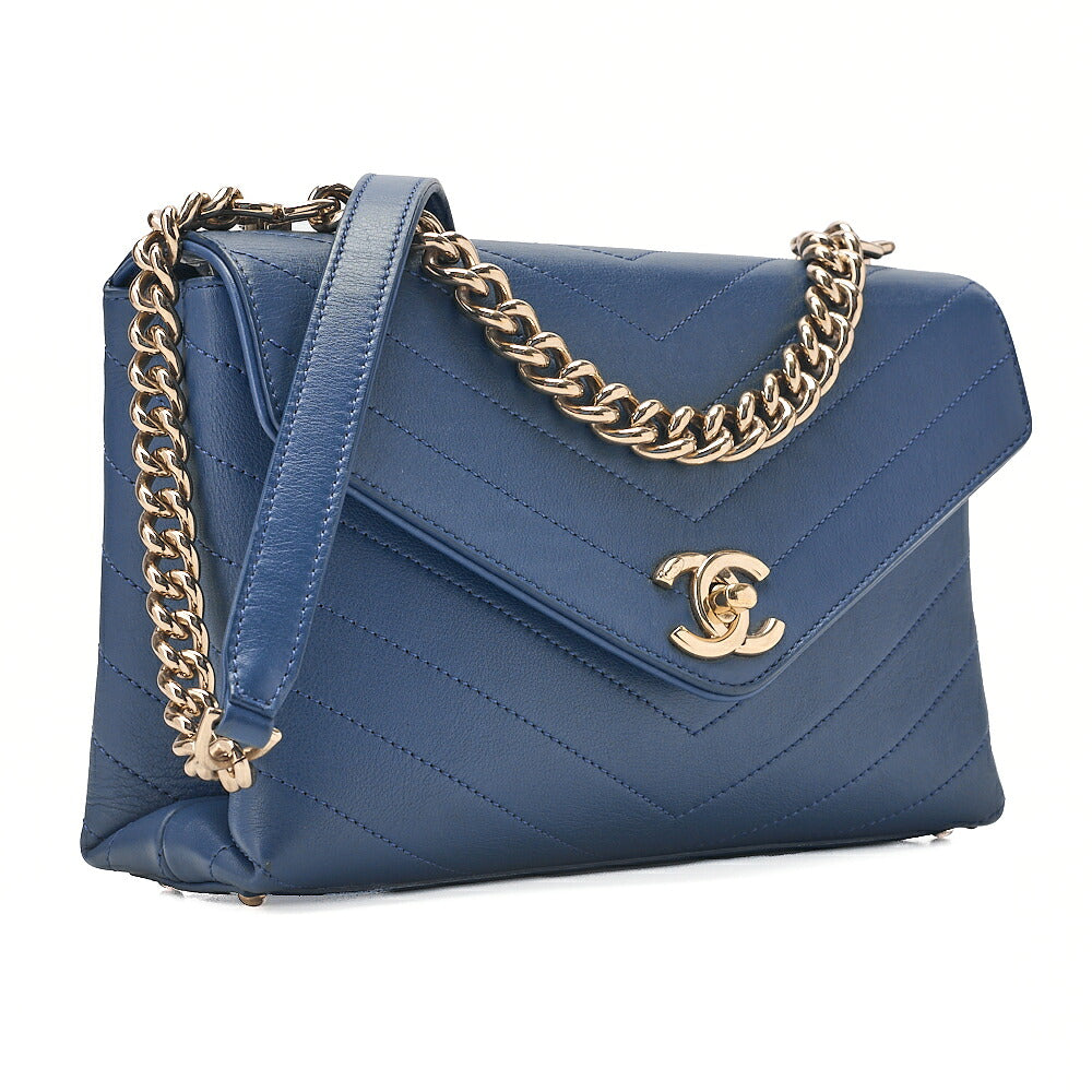 CHANEL Calfskin V-Stitch Turn Lock 2-Way Chain Shoulder Navy Gold-Tone Hardware, Pre-Owned