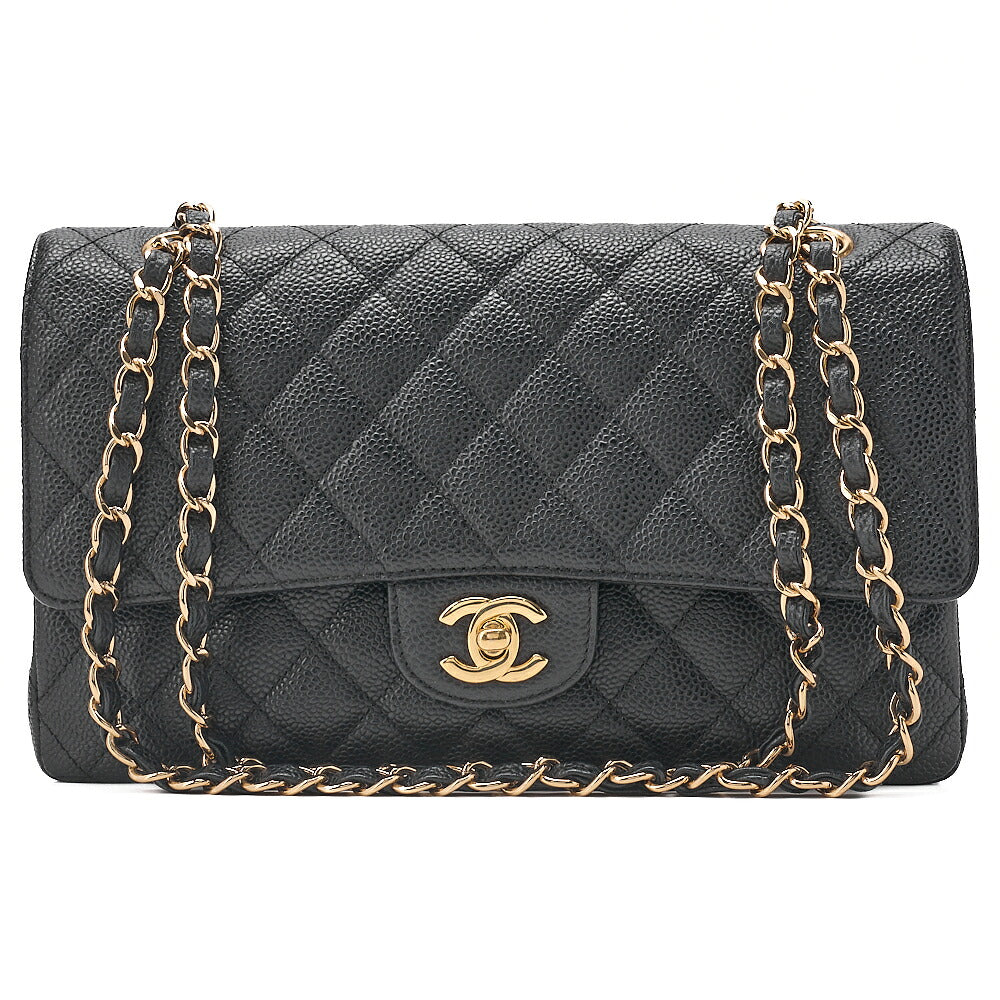 CHANEL Caviar Skin Matelasse 25cm Double Flap Chain Shoulder Black Gold-Tone Hardware, Pre-Owned