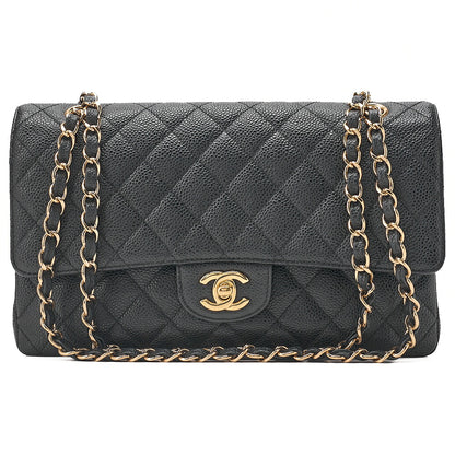 CHANEL Caviar Skin Matelasse 25cm Double Flap Chain Shoulder Black Gold-Tone Hardware, Pre-Owned