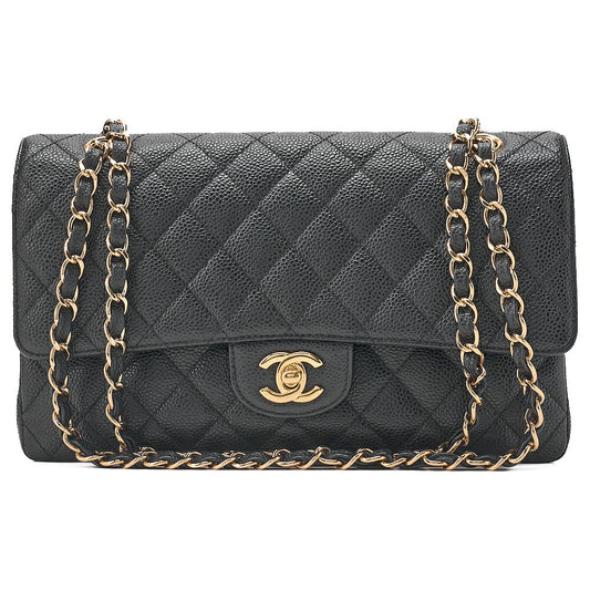 CHANEL Caviar Skin Matelasse 25cm Double Flap Chain Shoulder Black Gold-Tone Hardware, Pre-Owned