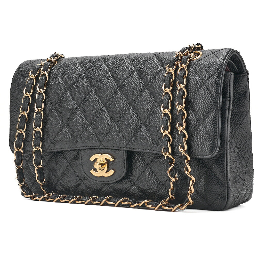 CHANEL Caviar Skin Matelasse 25cm Double Flap Chain Shoulder Black Gold-Tone Hardware, Pre-Owned