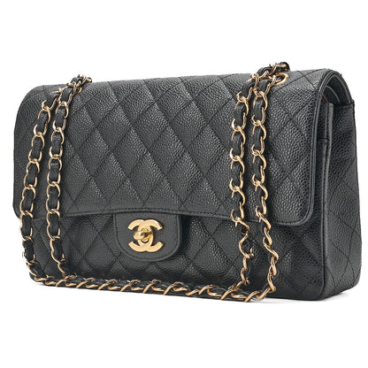 CHANEL Caviar Skin Matelasse 25cm Double Flap Chain Shoulder Black Gold-Tone Hardware, Pre-Owned