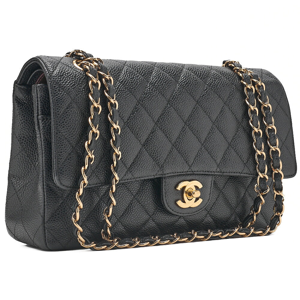 CHANEL Caviar Skin Matelasse 25cm Double Flap Chain Shoulder Black Gold-Tone Hardware, Pre-Owned