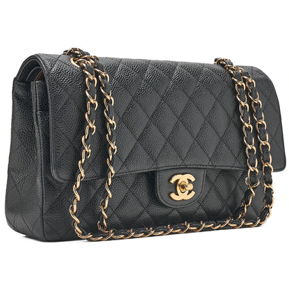 CHANEL Caviar Skin Matelasse 25cm Double Flap Chain Shoulder Black Gold-Tone Hardware, Pre-Owned