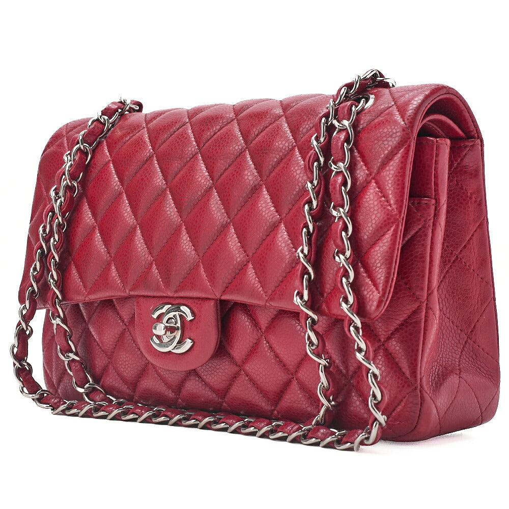 CHANEL Shoulder Bag Matelasse Double Flap 25cm Chain Shoulder Caviar Skin Red Silver-Tone Hardware, Pre-Owned