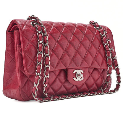 CHANEL Shoulder Bag Matelasse Double Flap 25cm Chain Shoulder Caviar Skin Red Silver-Tone Hardware, Pre-Owned