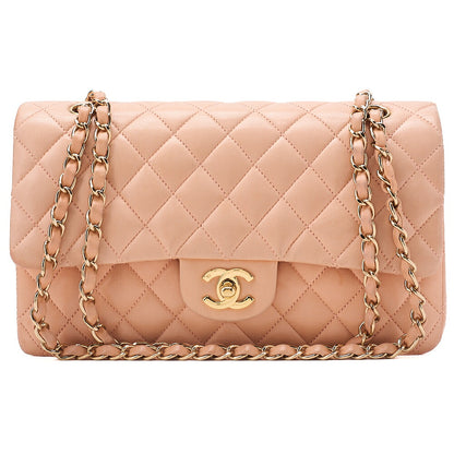 CHANEL Chain Shoulder Bag Matelasse Double Flap 25 Turn Lock Lambskin Salmon Pink Gold-Tone Hardware, Pre-Owned