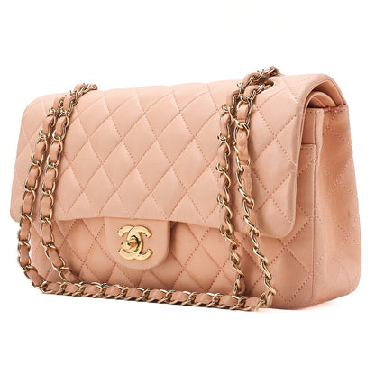 CHANEL Chain Shoulder Bag Matelasse Double Flap 25 Turn Lock Lambskin Salmon Pink Gold-Tone Hardware, Pre-Owned