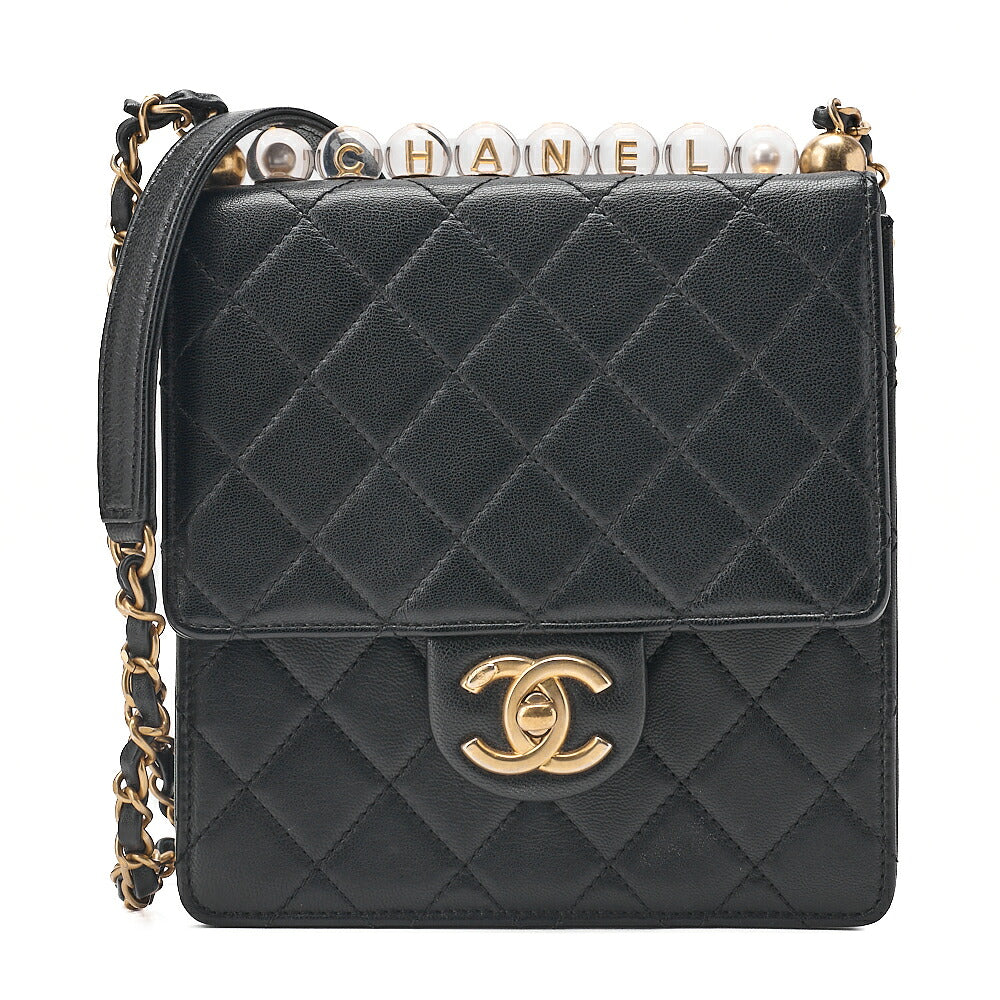 CHANEL Chain Wallet Mini Matelasse Lambskin Fic Pearl X Beads CC Logo Black Gold-Tone Hardware, Pre-Owned