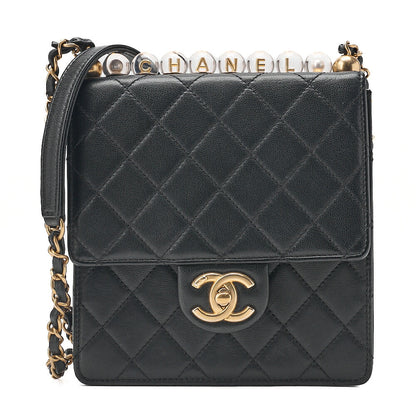 CHANEL Chain Wallet Mini Matelasse Lambskin Fic Pearl X Beads CC Logo Black Gold-Tone Hardware, Pre-Owned