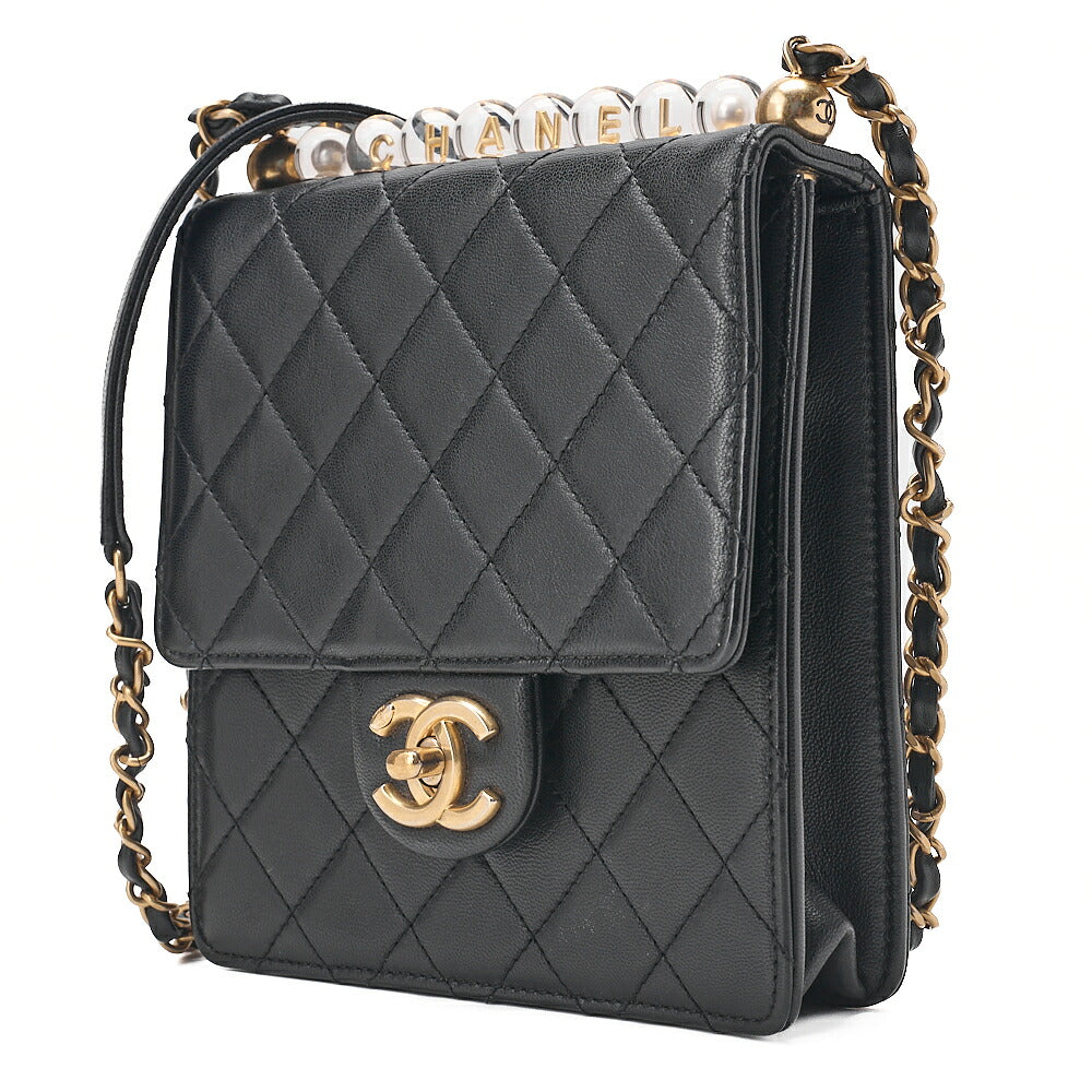 CHANEL Chain Wallet Mini Matelasse Lambskin Fic Pearl X Beads CC Logo Black Gold-Tone Hardware, Pre-Owned