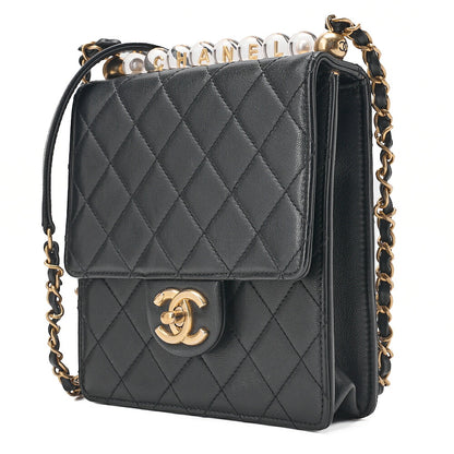 CHANEL Chain Wallet Mini Matelasse Lambskin Fic Pearl X Beads CC Logo Black Gold-Tone Hardware, Pre-Owned