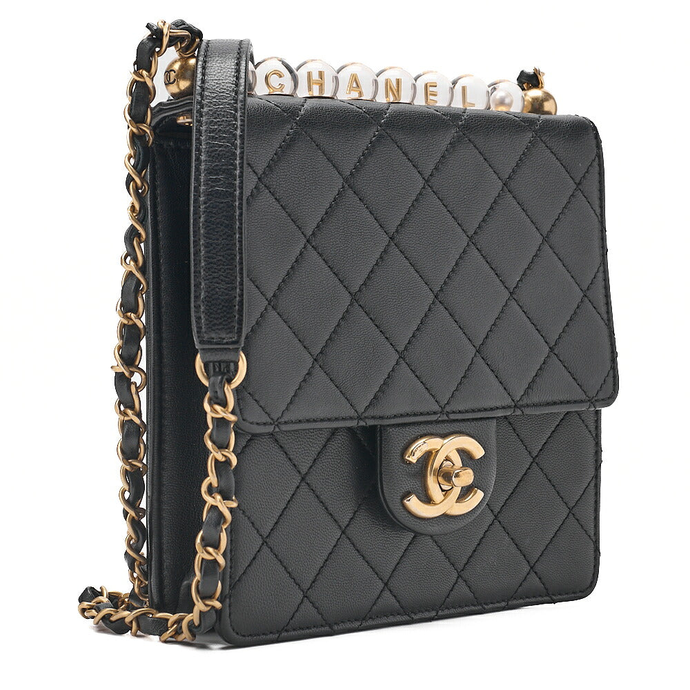 CHANEL Chain Wallet Mini Matelasse Lambskin Fic Pearl X Beads CC Logo Black Gold-Tone Hardware, Pre-Owned