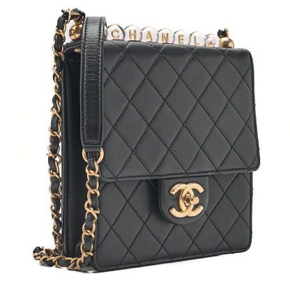 CHANEL Chain Wallet Mini Matelasse Lambskin Fic Pearl X Beads CC Logo Black Gold-Tone Hardware, Pre-Owned