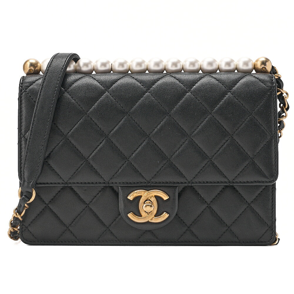 CHANEL Chain Wallet Matelasse Fic Pearl Lambskin Black Gold-Tone Hardware, Pre-Owned