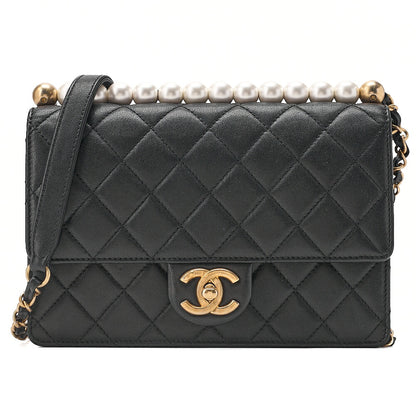CHANEL Chain Wallet Matelasse Fic Pearl Lambskin Black Gold-Tone Hardware, Pre-Owned