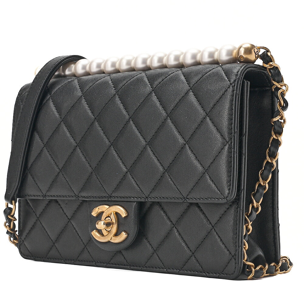 CHANEL Chain Wallet Matelasse Fic Pearl Lambskin Black Gold-Tone Hardware, Pre-Owned