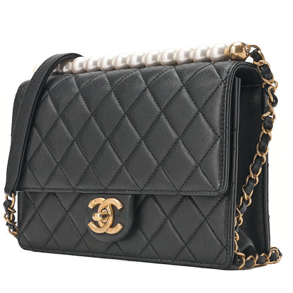 CHANEL Chain Wallet Matelasse Fic Pearl Lambskin Black Gold-Tone Hardware, Pre-Owned