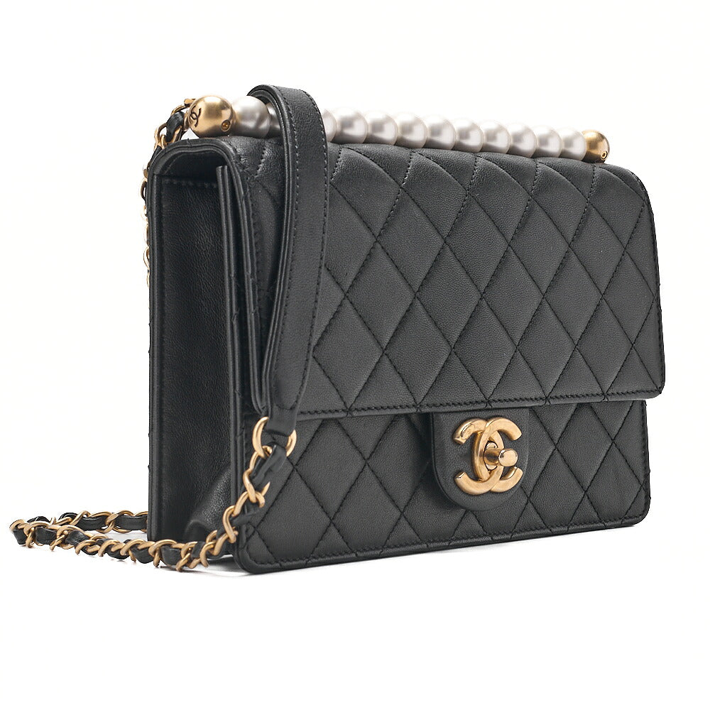 CHANEL Chain Wallet Matelasse Fic Pearl Lambskin Black Gold-Tone Hardware, Pre-Owned
