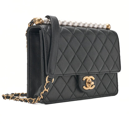 CHANEL Chain Wallet Matelasse Fic Pearl Lambskin Black Gold-Tone Hardware, Pre-Owned