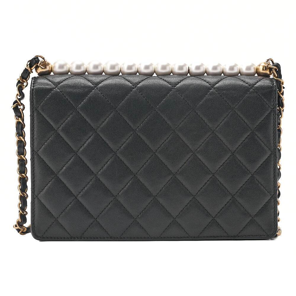 CHANEL Chain Wallet Matelasse Fic Pearl Lambskin Black Gold-Tone Hardware, Pre-Owned