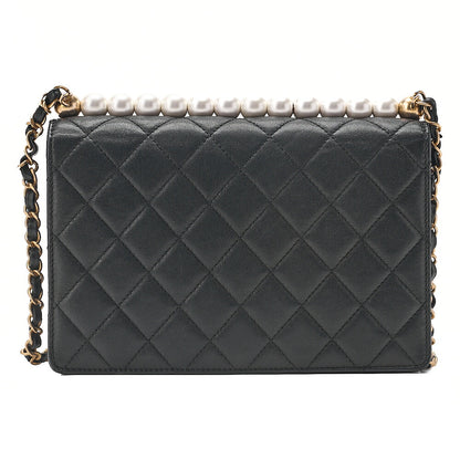 CHANEL Chain Wallet Matelasse Fic Pearl Lambskin Black Gold-Tone Hardware, Pre-Owned