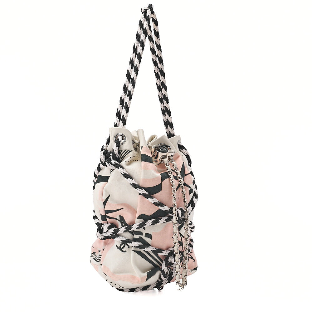 CHANEL Canvas Lapousa Coco Charm Drawstring Handbag Bicolor Silver-Tone Hardware, Pre-Owned