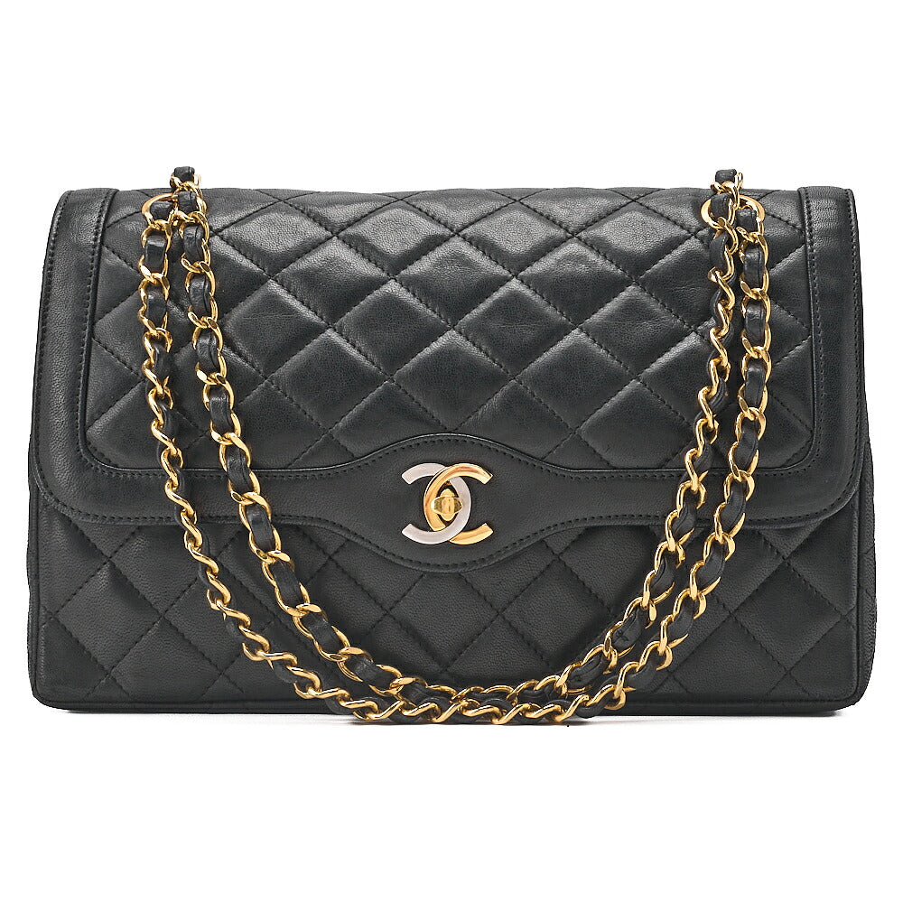 CHANEL Lambskin Matelasse Paris Limited Double Flap Shoulder Bag Black Gold x Silver-Tone Hardware, Pre-Owned