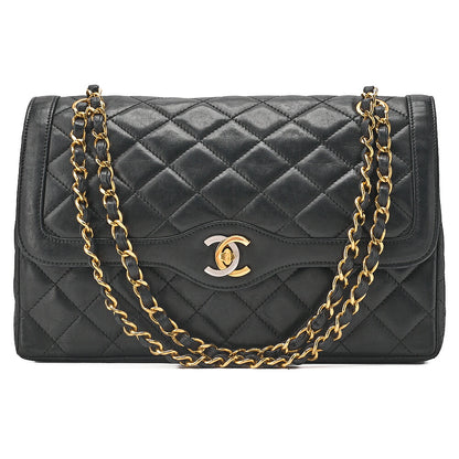 CHANEL Lambskin Matelasse Paris Limited Double Flap Shoulder Bag Black Gold x Silver-Tone Hardware, Pre-Owned