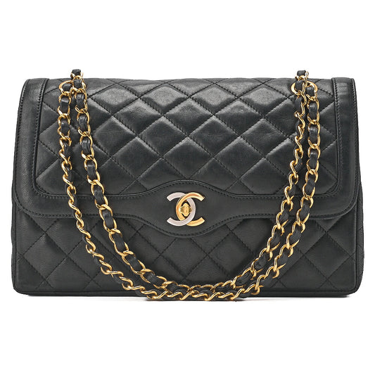 CHANEL Lambskin Matelasse Paris Limited Double Flap Shoulder Bag Black Gold x Silver-Tone Hardware, Pre-Owned