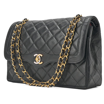 CHANEL Lambskin Matelasse Paris Limited Double Flap Shoulder Bag Black Gold x Silver-Tone Hardware, Pre-Owned