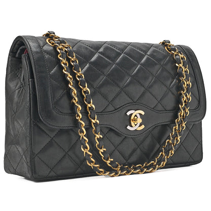 CHANEL Lambskin Matelasse Paris Limited Double Flap Shoulder Bag Black Gold x Silver-Tone Hardware, Pre-Owned