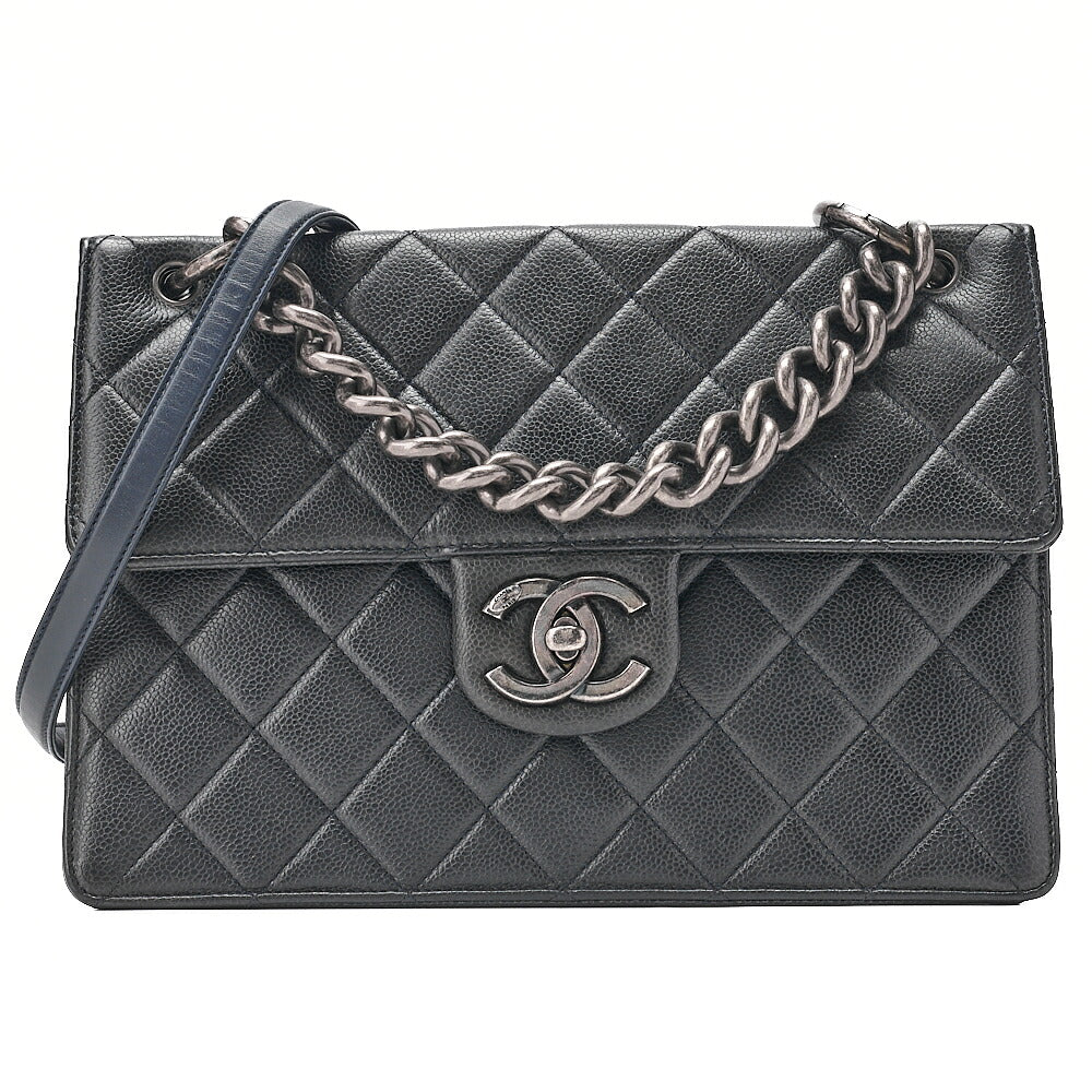 CHANEL Caviar Skin Matelasse Square Type Single 2-Way Chain Shoulder Navy Silver-Tone Hardware, Pre-Owned