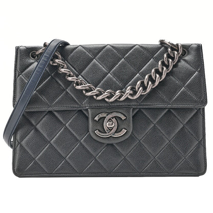 CHANEL Caviar Skin Matelasse Square Type Single 2-Way Chain Shoulder Navy Silver-Tone Hardware, Pre-Owned