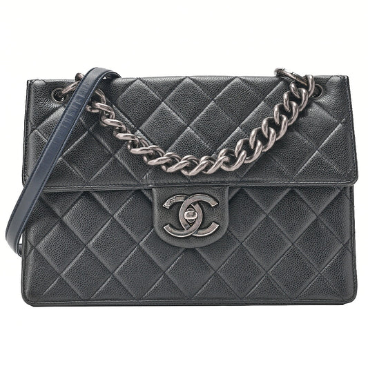 CHANEL Caviar Skin Matelasse Square Type Single 2-Way Chain Shoulder Navy Silver-Tone Hardware, Pre-Owned