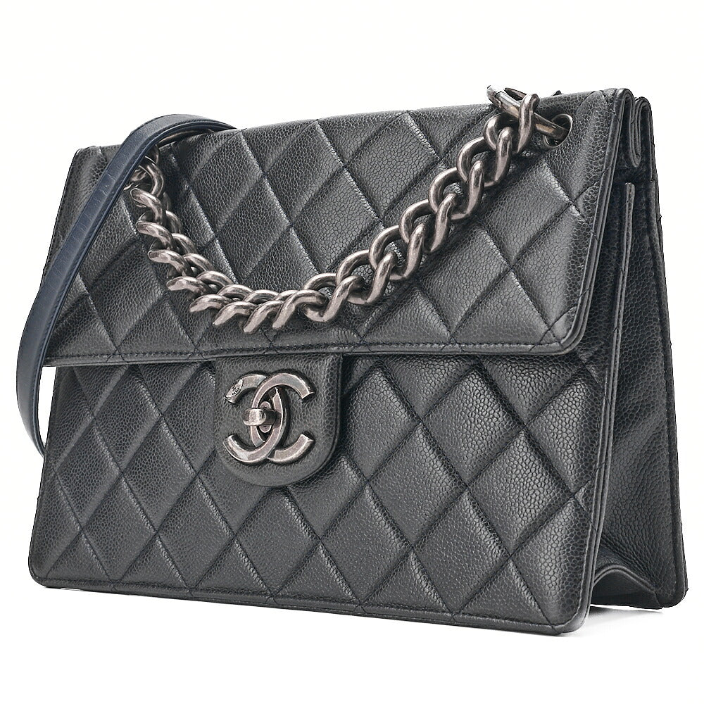 CHANEL Caviar Skin Matelasse Square Type Single 2-Way Chain Shoulder Navy Silver-Tone Hardware, Pre-Owned