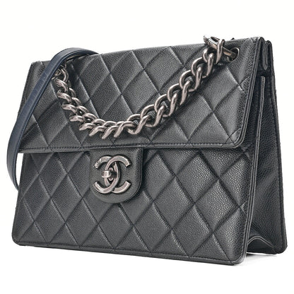 CHANEL Caviar Skin Matelasse Square Type Single 2-Way Chain Shoulder Navy Silver-Tone Hardware, Pre-Owned