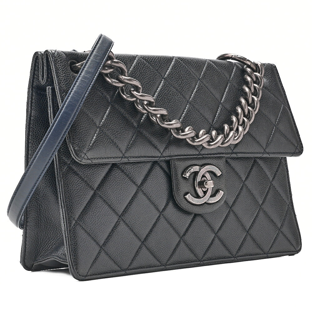 CHANEL Caviar Skin Matelasse Square Type Single 2-Way Chain Shoulder Navy Silver-Tone Hardware, Pre-Owned