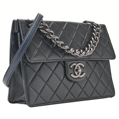 CHANEL Caviar Skin Matelasse Square Type Single 2-Way Chain Shoulder Navy Silver-Tone Hardware, Pre-Owned