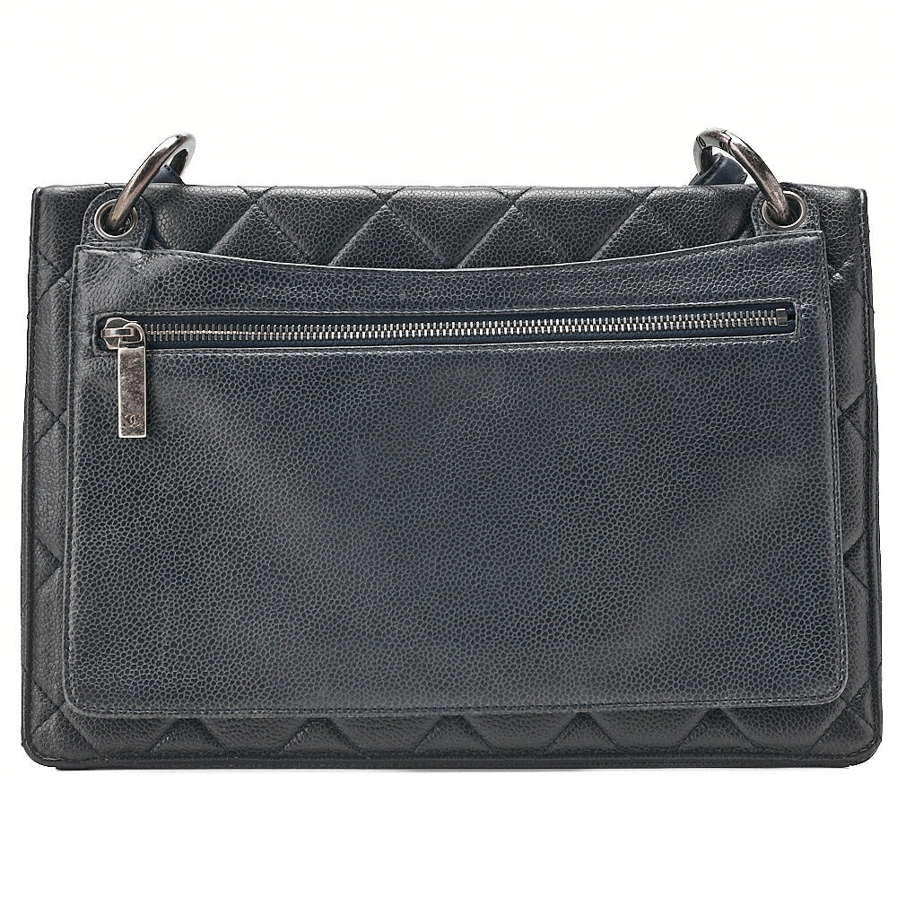 CHANEL Caviar Skin Matelasse Square Type Single 2-Way Chain Shoulder Navy Silver-Tone Hardware, Pre-Owned