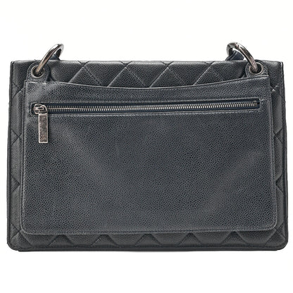CHANEL Caviar Skin Matelasse Square Type Single 2-Way Chain Shoulder Navy Silver-Tone Hardware, Pre-Owned