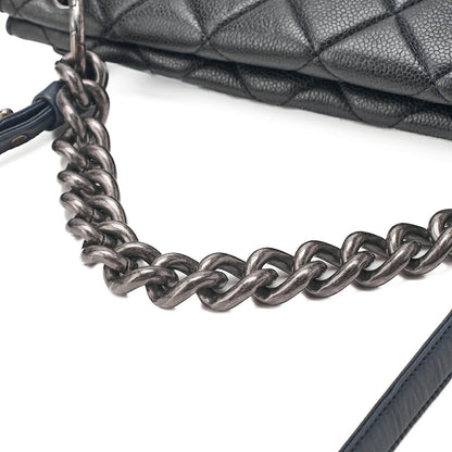 CHANEL Caviar Skin Matelasse Square Type Single 2-Way Chain Shoulder Navy Silver-Tone Hardware, Pre-Owned