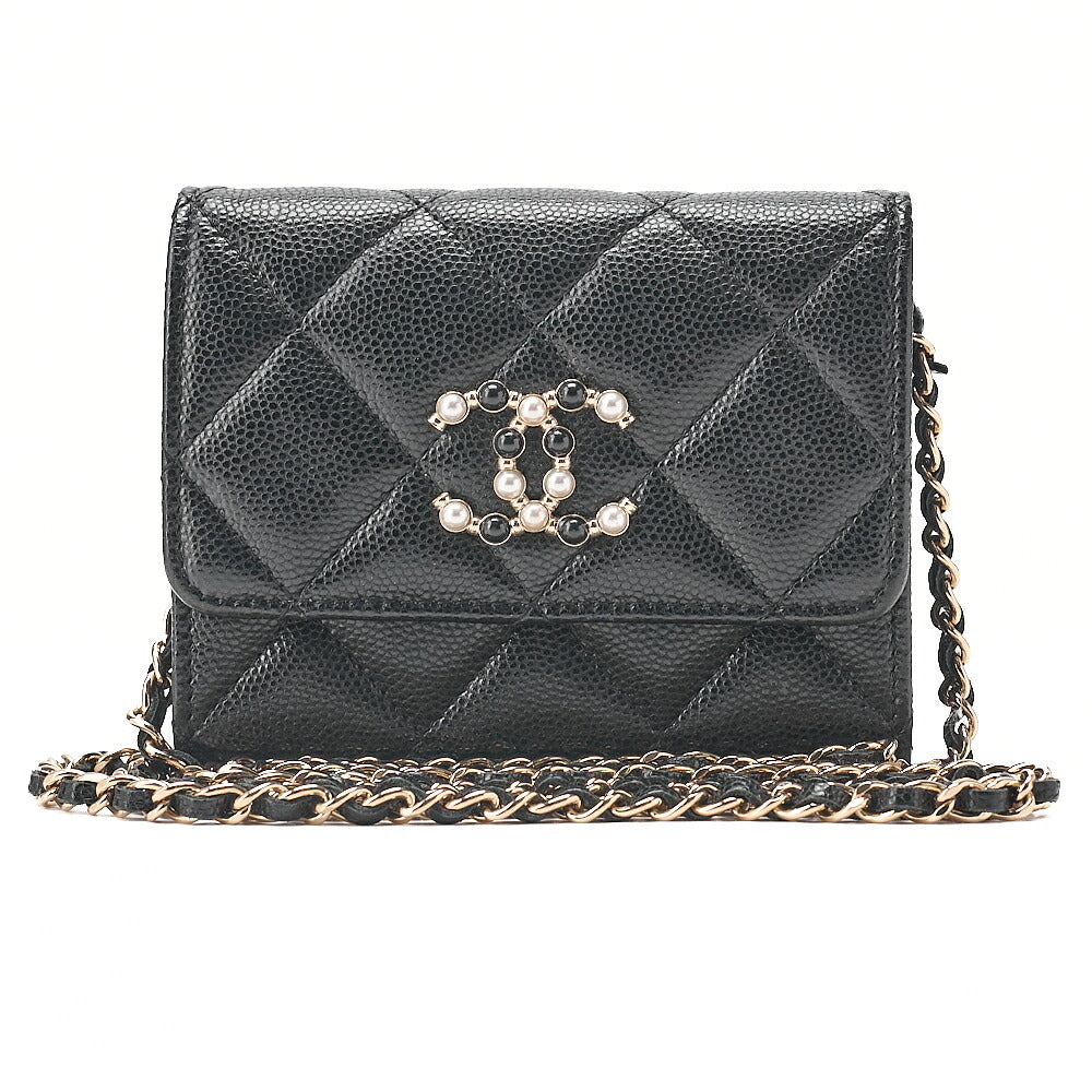 CHANEL Caviar Skin Mini Matless? Fic Pearl Chain Shoulder Pouch Black Gold-Tone Hardware, Pre-Owned