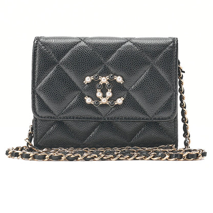 CHANEL Caviar Skin Mini Matless? Fic Pearl Chain Shoulder Pouch Black Gold-Tone Hardware, Pre-Owned