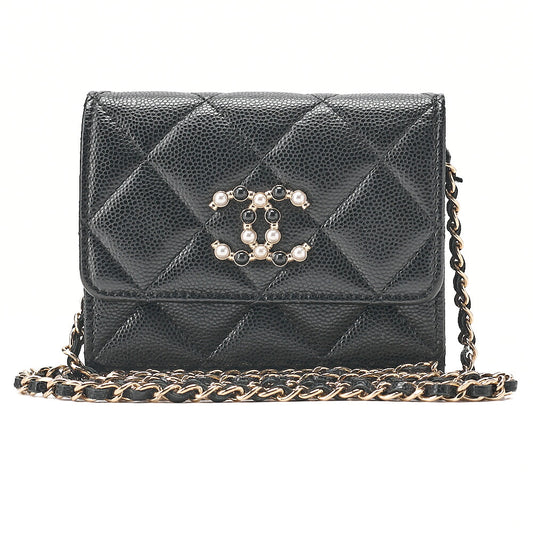 CHANEL Caviar Skin Mini Matless? Fic Pearl Chain Shoulder Pouch Black Gold-Tone Hardware, Pre-Owned